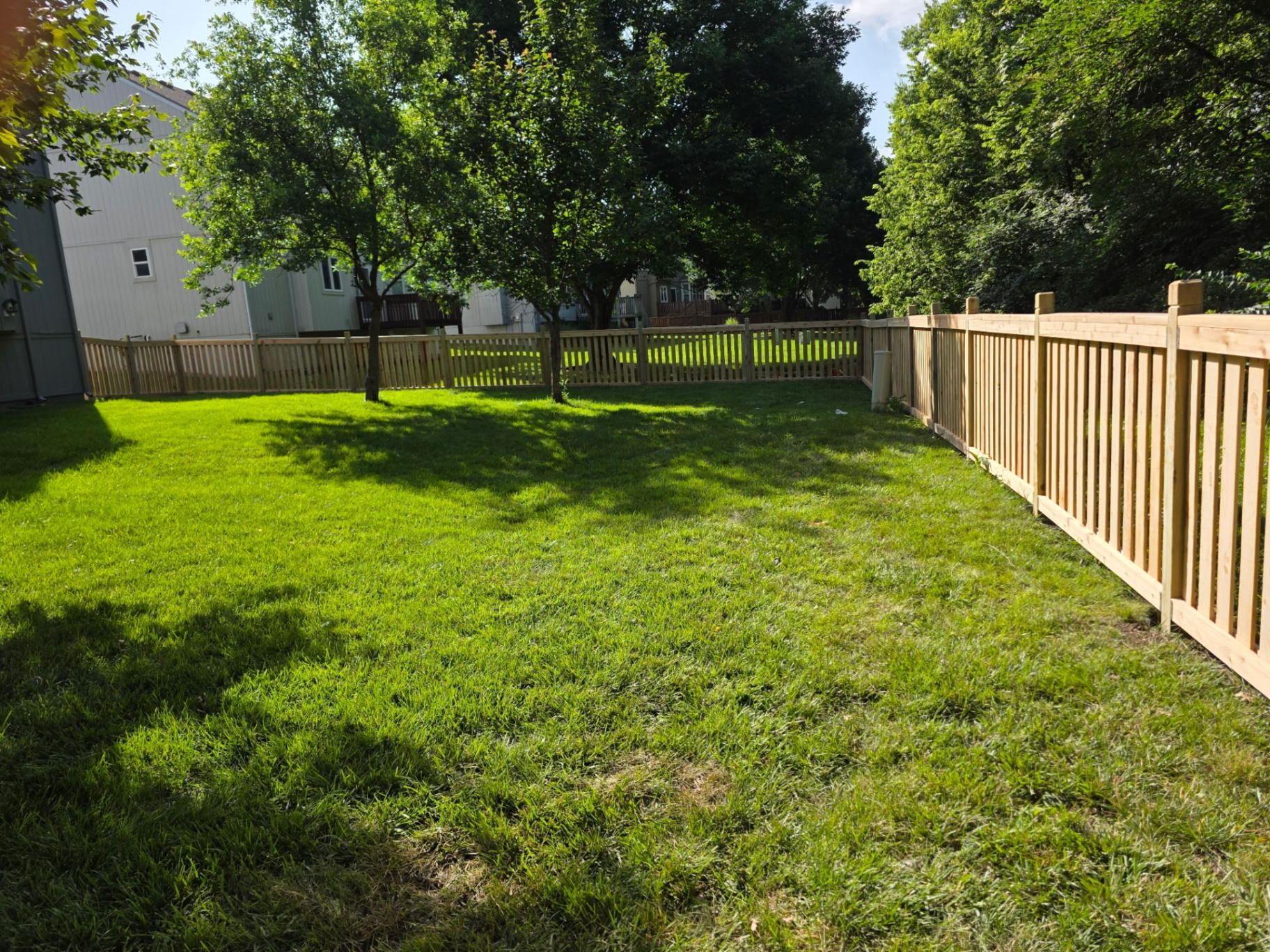 Cedar picture-frame fence with Berkeley top posts framing a tree-lined Kansas City, KS backyard with fresh sod Cedar picture-frame fence with Berkeley top posts framing a tree-lined Kansas City, KS backyard with fresh sod